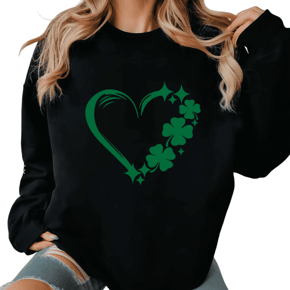 Black Loose Print Sweatshirt Graphic Sweatshirt S-3XL Sparkle Heart Shamrock St Patrick's Day Cotton Tops