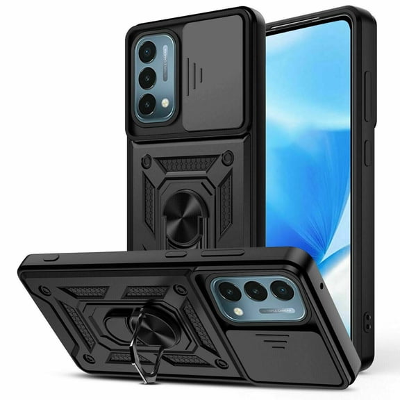 Case for Oneplus Nord N200 5G 2021, Heavy Duty Shockproof Anti-Drop Defender Magnetic Stand Car Mount Holder Rotating Ring Kickstand Holder Camera Lens Slide Protective Case, Black