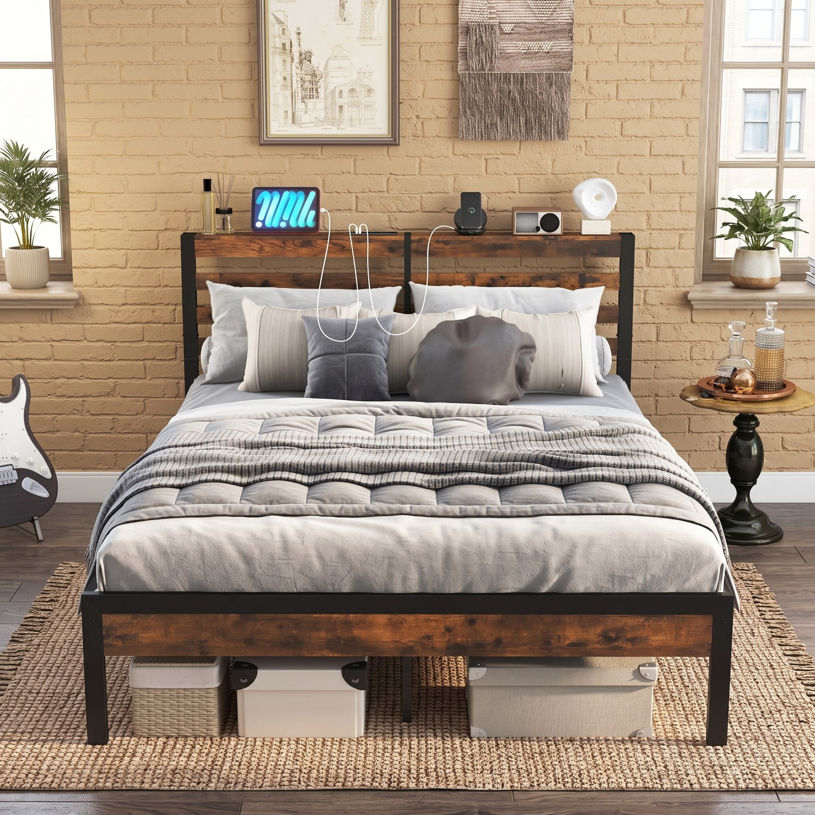 Furnibear Queen Bed Frame with Storage, Metal Platform Bed with Storage Headboard and Charging Station, Rustic Brown