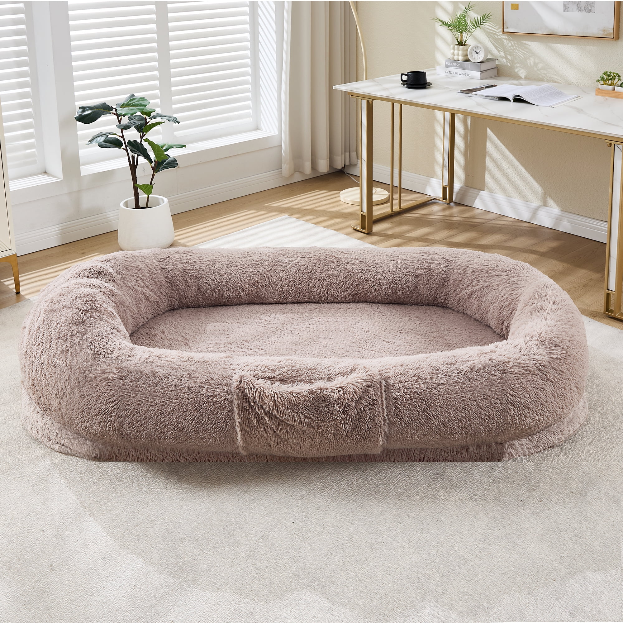 Gaderth Giant Human & Pet Dog Bed, 64.9" x 41.3" Large Giant Shared Bed, Washable Faux Fur Orthopedic Bed with Plump Pillow, Side Pocket & Strap, No Assembly Needed