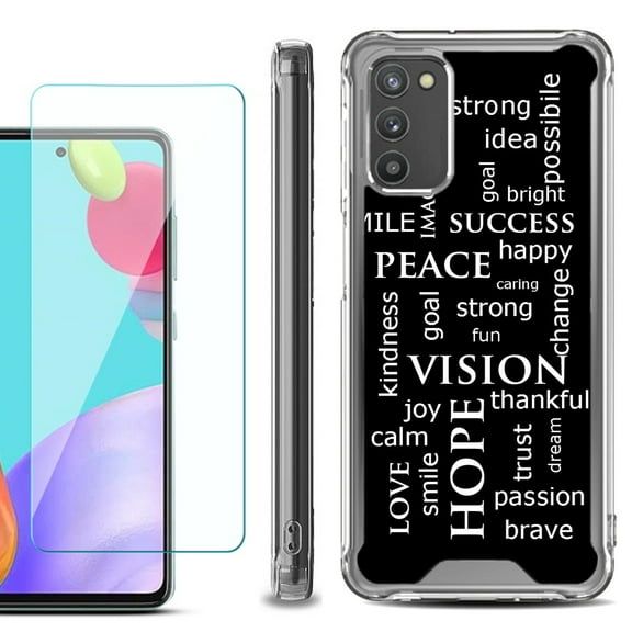 Shockproof Bumper Phone Case for Samsung Galaxy A02s, with Tempered Glass Screen Protector, by OneToughShield ® - Positive Words