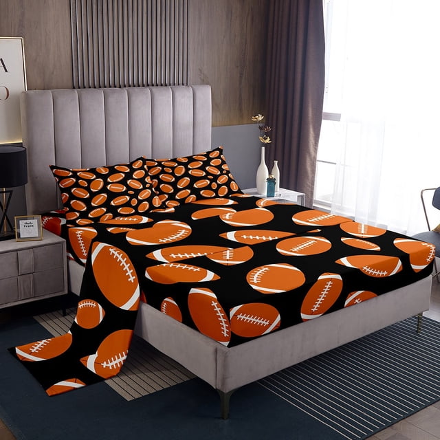 Erosebridal Brown Rugby Sheet Set King, American Football Bedding Sets King Size, Ball Game Decor, 4 Pieces