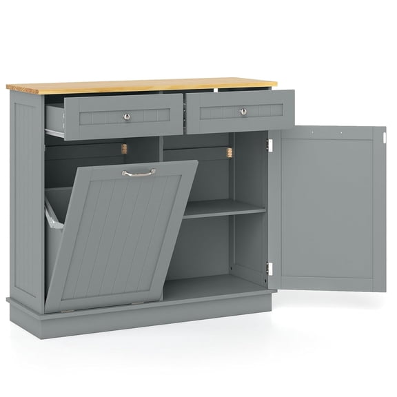 BECOMFORT Tilt Out Trash Can Cabinet, 14.5-Gallon Wooden Kitchen Island w/Storage Adjustable Shelf & Drawer, Laundry Hamper Cabinet, Hideaway Recycling Pet Proof Trash Can, for Living Room (Gray)