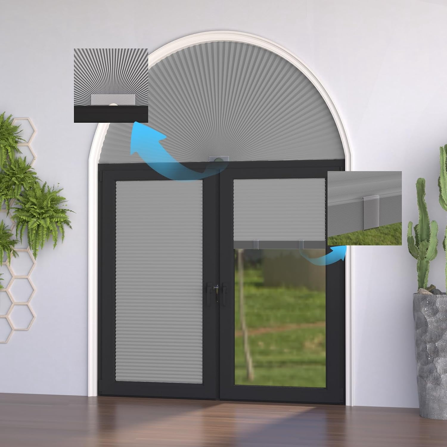 Arch Window Shades Half Circle Blackout Cellular Shades Cordless No Drill Blinds for Windows Half Moon Honeycomb Fabric No Tools Room Darkening Shades Easy Install (1PCS Grey 72" W X 36" H)