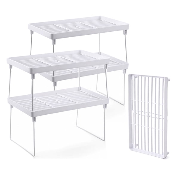 Vorfor 4Pcs Stackable Cabinet Shelf Organizer Foldable Rack, Storage Shelves Stackable Expandable Storage Racks for Counter Cabinets, Pantry, Bathroom