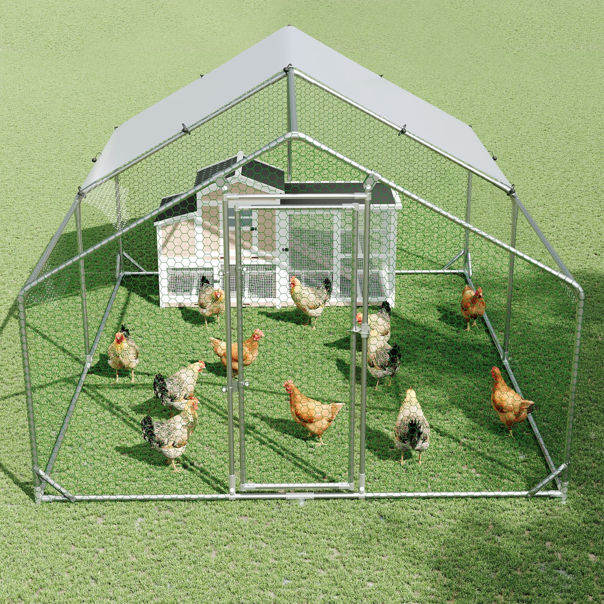 DreamCurship Large Metal Chicken Coop, Outdoor Walking Poultry Cage, Chicken Runs Hen House Rabbits Habitat Cage with Waterproof and Anti-UV Cover for Yard Outdoor Farm