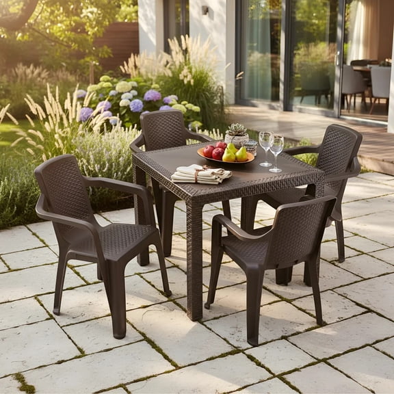 Comedor Plástico 4 Sillas Apilables 1 Mesa Apariciencia Rattan Interior Exterior Ideal Patio Jardín Terraza Alberca Playa RIMAX