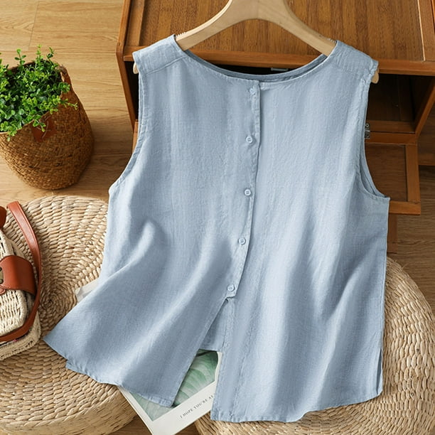 mfyjkho Camisetas Sin Mangas Para Mujer, Camisa Informal De Color Liso Con Botones Y Cuello Redondo Para Mujer Tops Para Mujer L