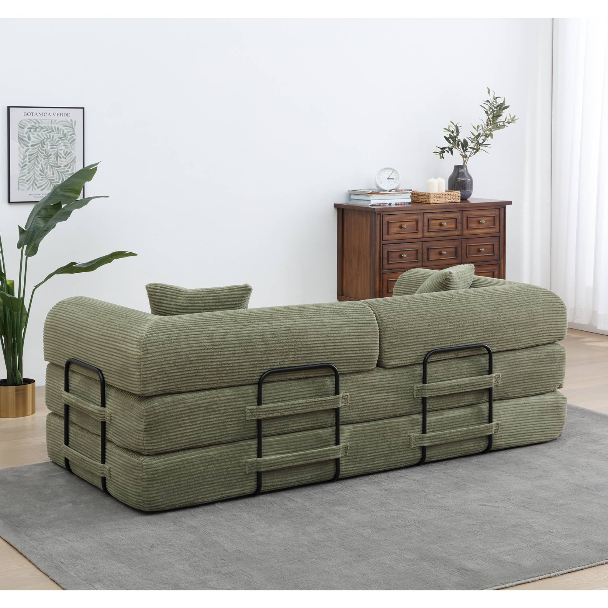Convertible Sleeper Sofa Bed with Pillow, Corduroy Folding Mattress Floor Sofa Lounge Couch for Living Room, Bedroom, Light Green