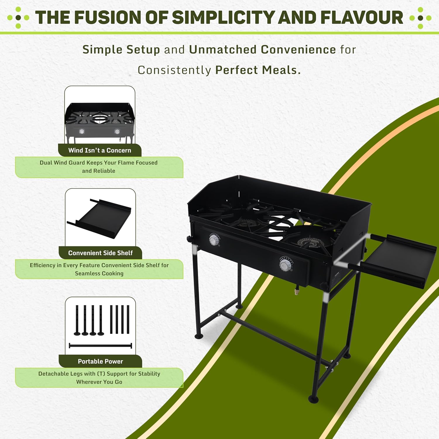 SONRET - Double Burner Propane Outdoor Camping Stove - with Side Shelf & Wind Panel