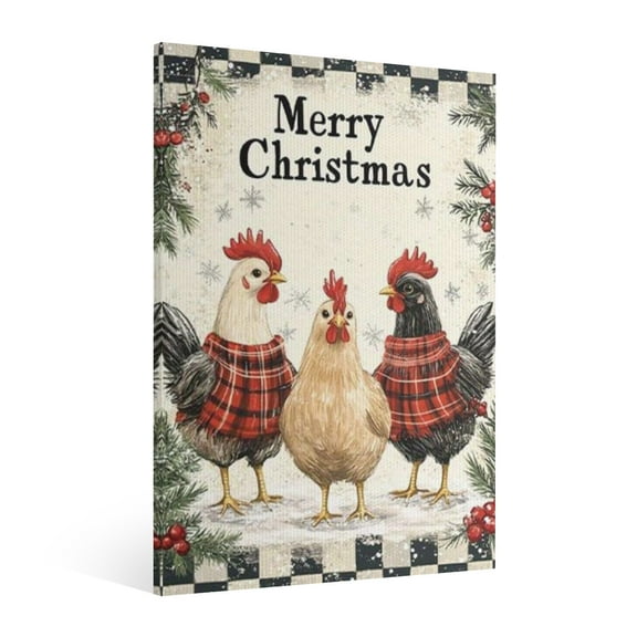 Vintage Christmas Chicken Wall Art Paint - Retro Xmas Festive Winter Holiday Christmas Wall Decor Canvas for Living Room Kitchen Bathroom Home Bedroom Decor Framed