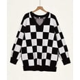 thumbnail image 3 of TIYOMI Plus Size Sweater Tops For Women 5X Heart Knit Black & White Checkerboard Sweaters Long Sleeve Tops V Neck Chunky Warm Pullover Sweaters Casual Fall Winter Sweater 5XL 26W 28W, 3 of 5