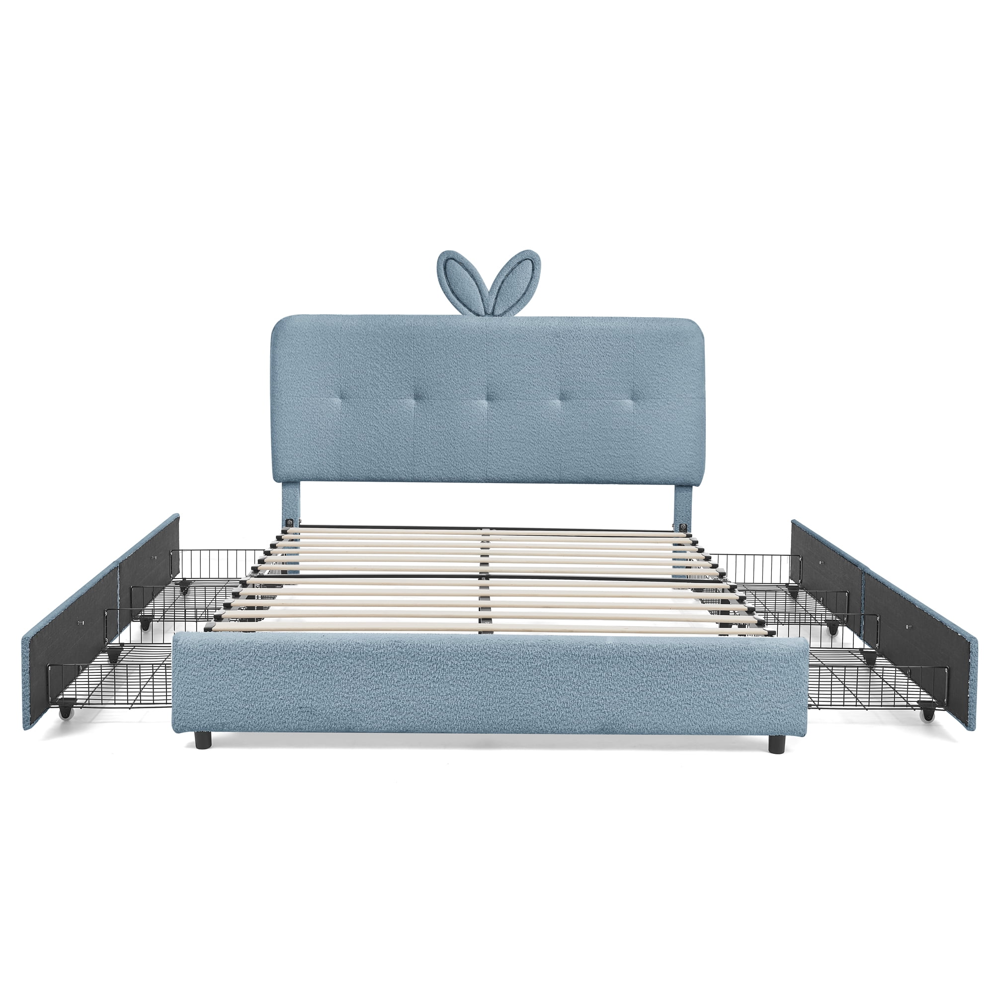 Queen Size Kids Bed with LED Lights and 4 Storage Drawers, Upholstered Boucle Bed Frame with Oversized Rabbit Ear Headboard, Platform Bed for Kids Bedroom, Navy