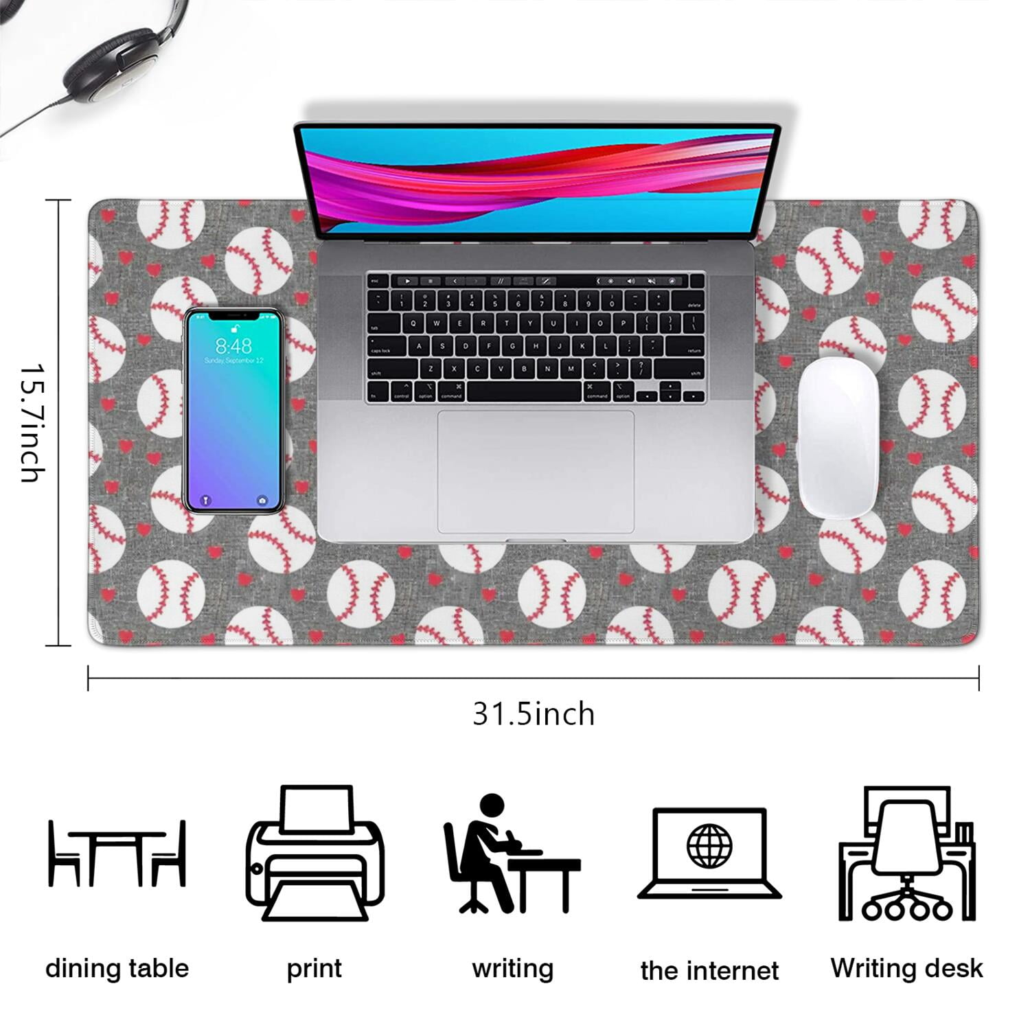 Long Mouse Pads for Desk,Baseballs and Love Desk Mats on Top Of Desks, Desk Mouse Pad Extra Large with 3mm Non-Slip Base and Stitched Edge for Gaming,Office,Work,Home 31.5"x15.7"