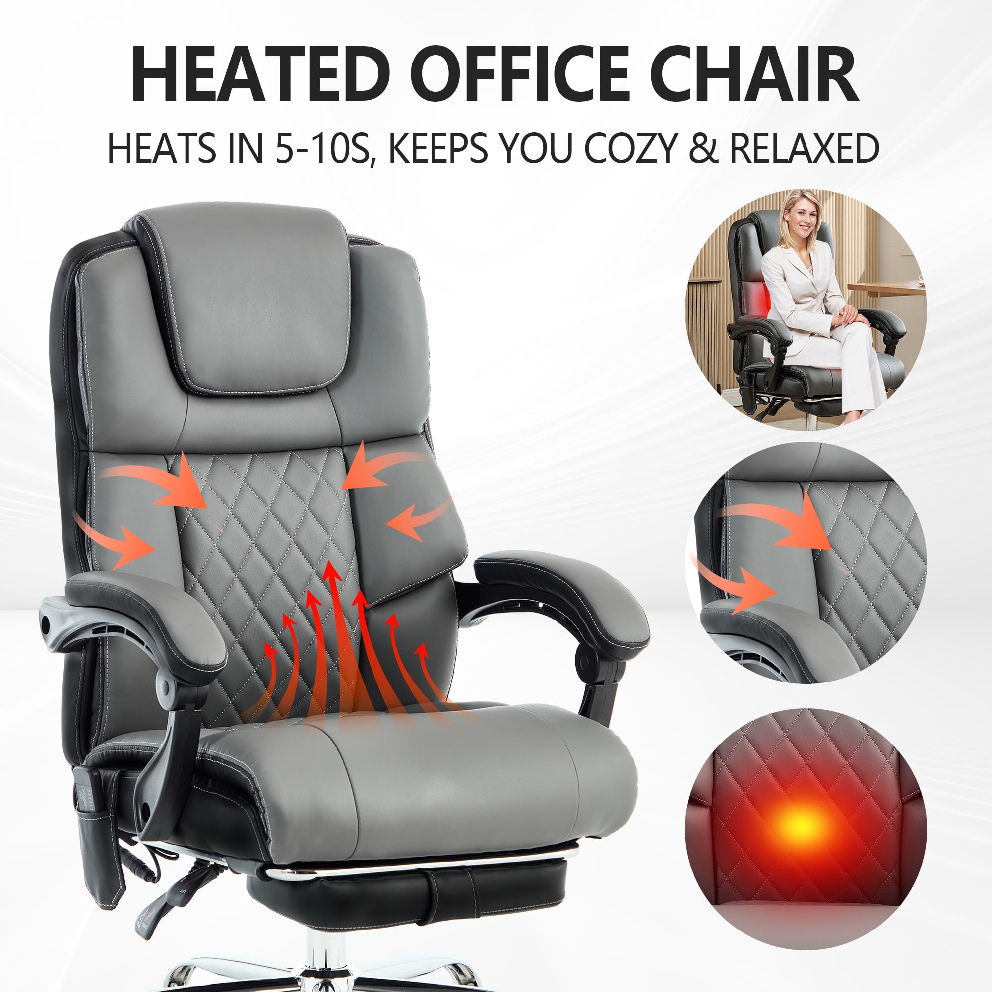 Office Chair with 6-point Vibration Massage and  Shoulder Heated,Big and Tall Office Chair, Reclining Office Chair,Gray