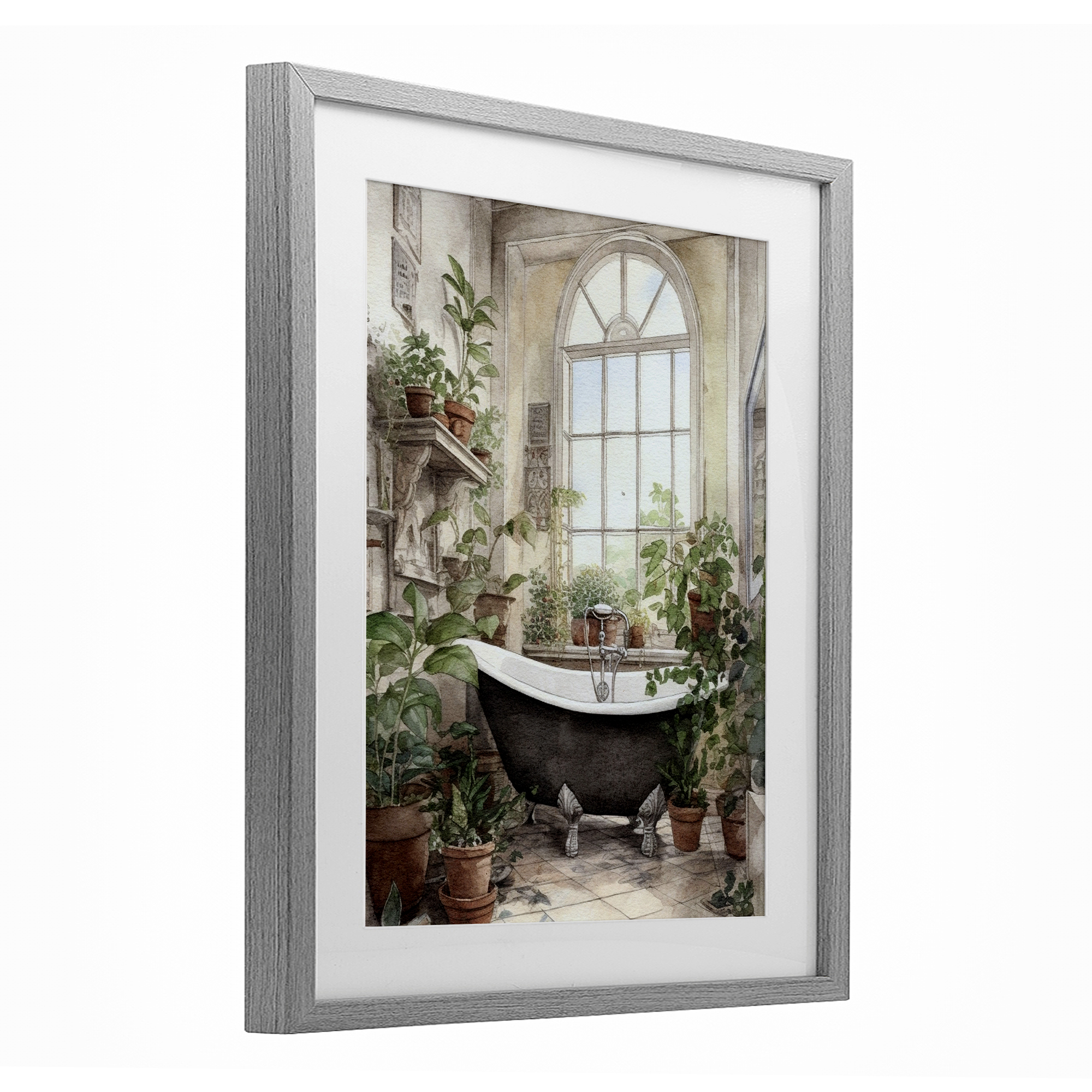 Vintage Sun Lit Bathtub Gray Framed Print Under Glass, design by Lettered and Lined