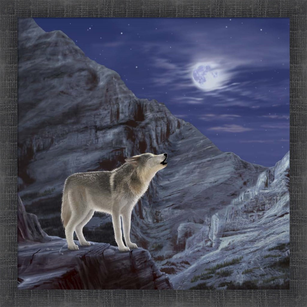 Rustic Grey Wolf Moon Framed Wall Art, 17.5" x 17.5"