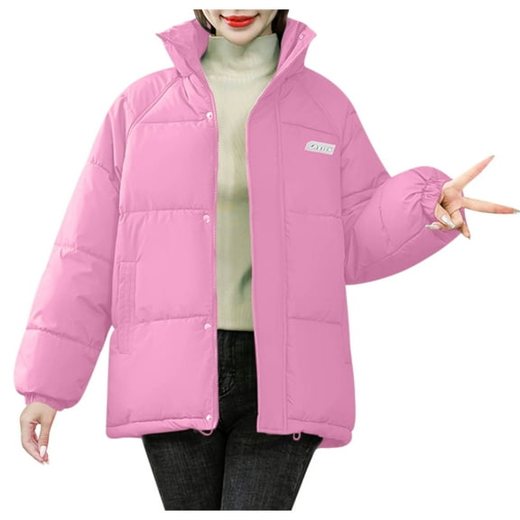 Women's Solid Color Cropped Puffer Jacket Oversized Short Puffy Winter Casual Zip Up Stand Collar Padded Coats Insulated Coat
