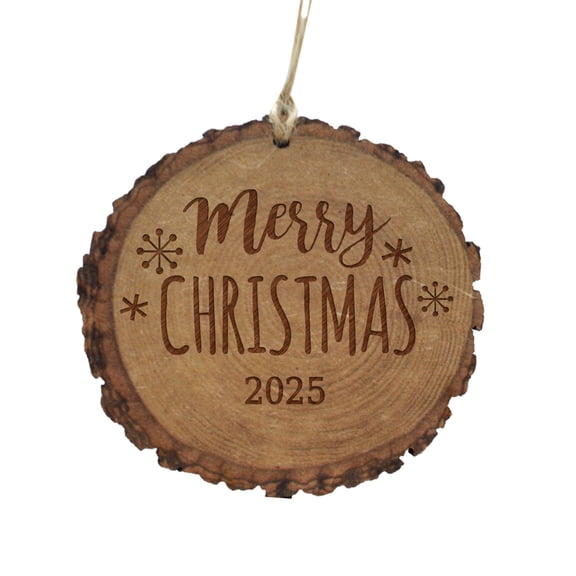 2025 Engraved Merry Christmas Rustic Wood Round Disc Ornament