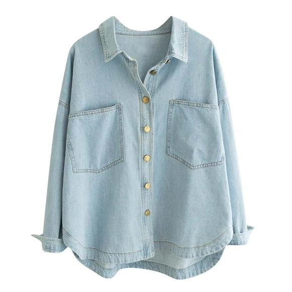 Denim Shirt Women Women's Long Sleeve Jean Shirt Button Shirt Classic Denim Blouse Relaxed Fitting Shirt S-176 Light Blue XXL