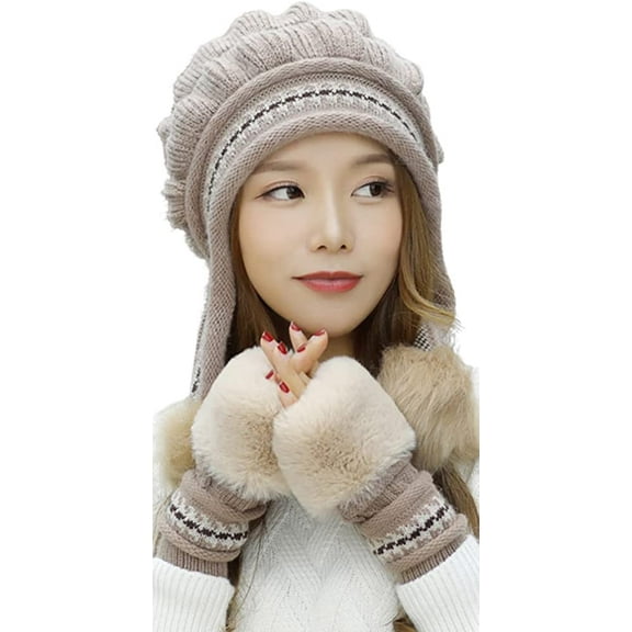 PIKADINGNIS Women Girls Warm Winter Hats Gloves Set Soft Knitted Fuzzy Thick Pom Pom Bearies Fleeze Lined Slouchy Cap