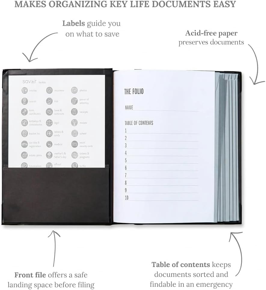 Acid-Free Document Organizer Binder with Guided Labels and 10 Pocket Folders for Home Records, Legal & Medical Papers