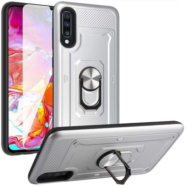 Galaxy A70 Case with Screen Protector, Slim Dual Layer Samsung A70 Case with Ring Holder Kickstand for Magnetic Car Mount Hard PC Shockproof Case for Samsung Galaxy A70 (2019), Silver