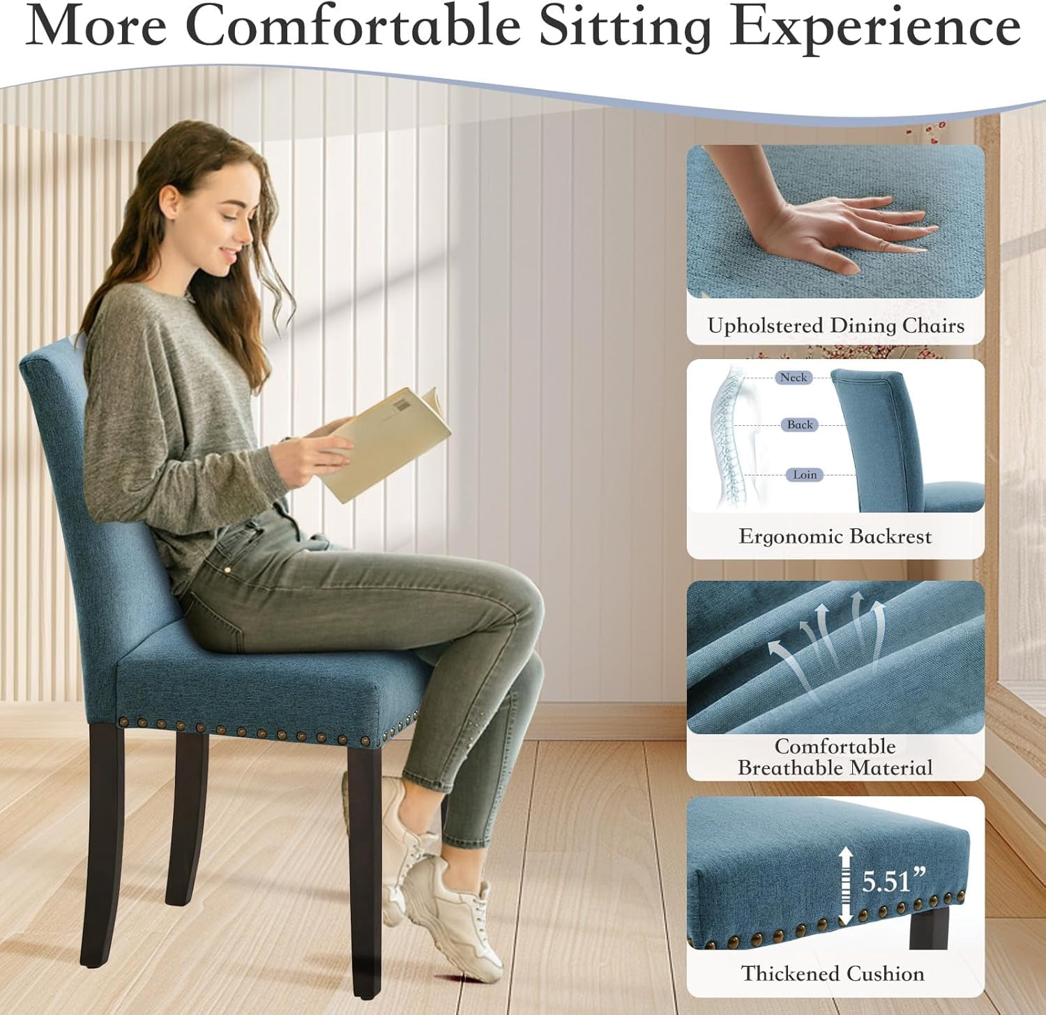 Dining Chairs Set of 2 Upholstered Parsons Diner Room Chair Sets Fabric Kitchen Chairs with Nailhead Trim/Sturdy Wood Legs and Padded Cushion Accent Chair Modern Living Room Chairs, Navy Blue