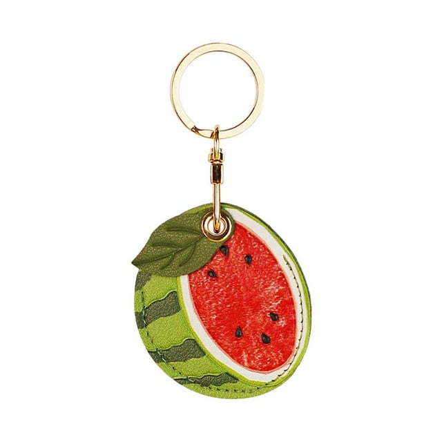 Daily Mix Store Anti-Lost Keychain, Cute Leather Protective Case with Green Leaf & Fruit Design, Holder for Keys, Access Card, ID Badge