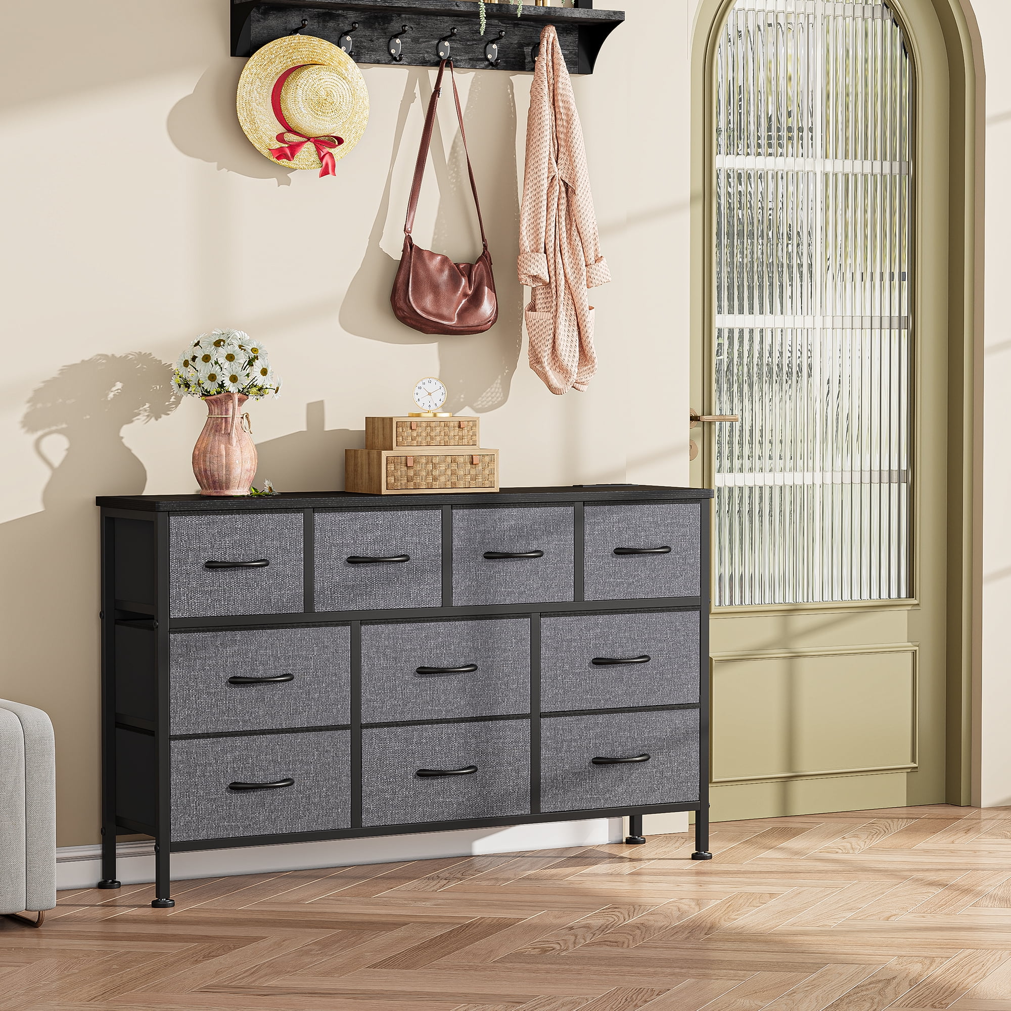 GIKPAL Dresser TV Stand, 10 Drawer Dresser for Bedroom with Power Outlet, Chest of Drawers for 55" Long TV, PU Dresser for Storage and Organization, Gray