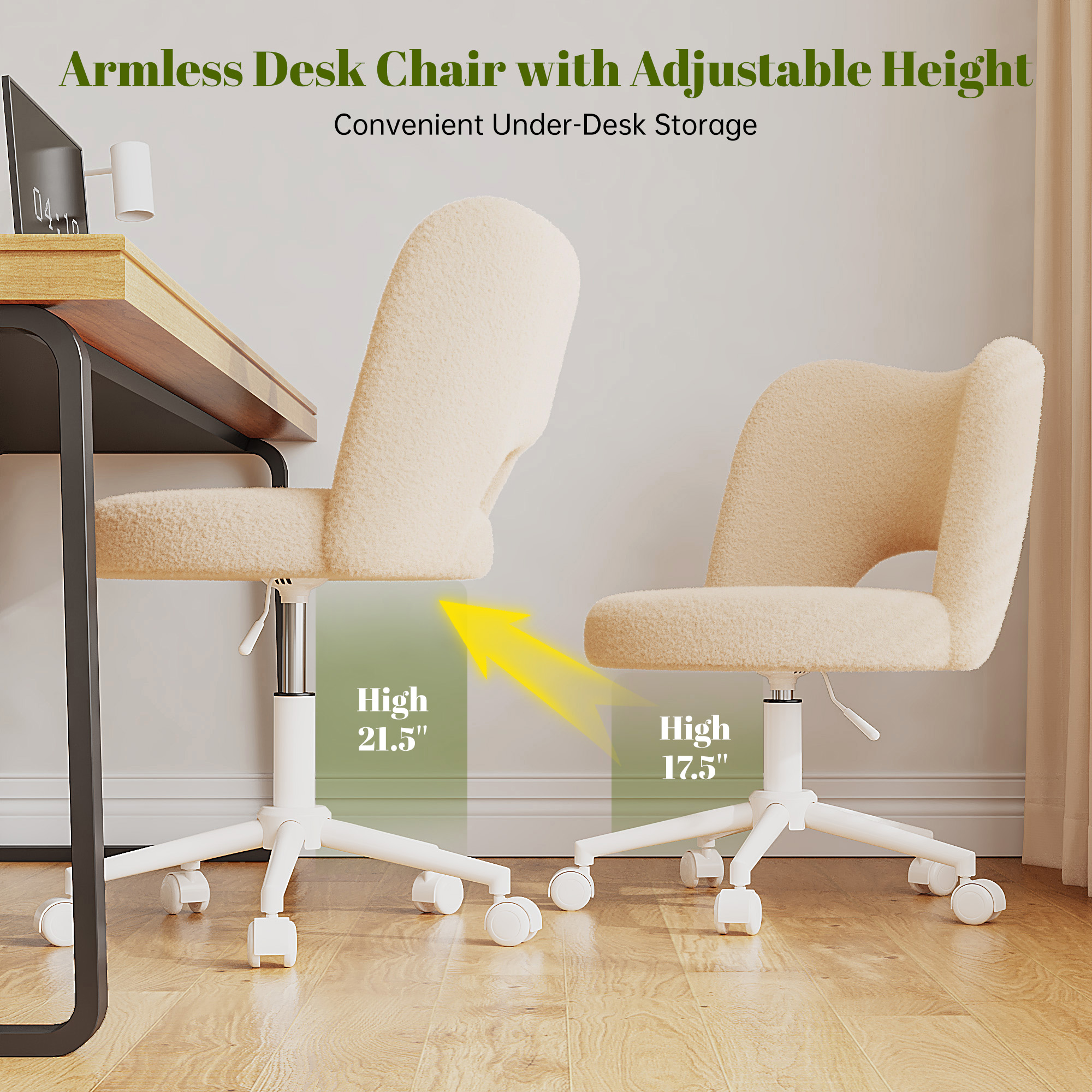 Romorgniz Adjustable Vanity Chair with Backrest Teddy Velvet Swivel Desk Chair with Wheels, Space-Saving Makeup Computer Chair, Off-White