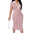 thumbnail image 2 of Women'S Lapel Collar Striped Short Sleeve Slim Bodycon Midi Dress White&Red L, 2 of 6