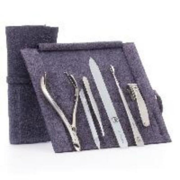 GERMANIKURE 6pc Manicure Set in Purple Suede Case - FINOX® Surgical Steel: Cuticle Nipper, Nail Clipper, Cuticle Pusher, Tweezers and Glass Nail File