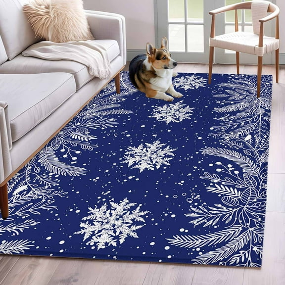 Christmas Snowflakes Area Rug 3x5 Washable Rug Non Slip Winter Xmas Pine Leaf Navy Blue Large Area Rug Indoor Floor Carpet for Entryway Bedroom Kitchen Living Room Home Office Dining Room Nursery