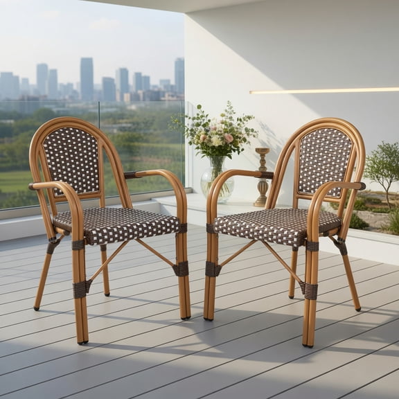 Spaco Set of 2 French Bistro Patio Chairs, Hand-Woven PE Wicker Weather Resistant Small Space Outdoor Dining Chairs, Brown