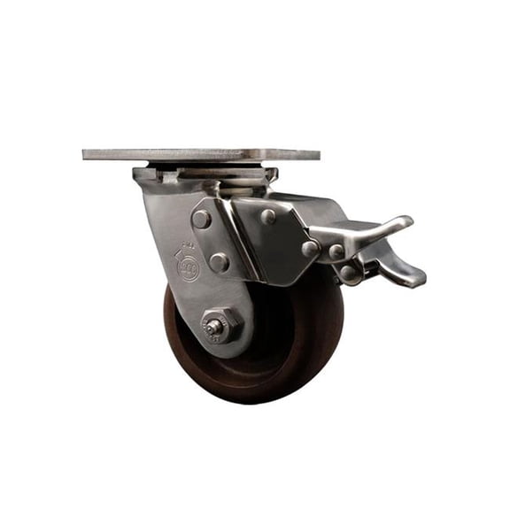 Service Caster SCC-SS31630S420-GFNRHT-TLB 316 Stainless Steel Heavy Duty Swivel Top Plate Caster with Top Lock Brake & 4 in. High Temperature Glass Filled Nylon Wheel - 600 lbs Capacity per Caster