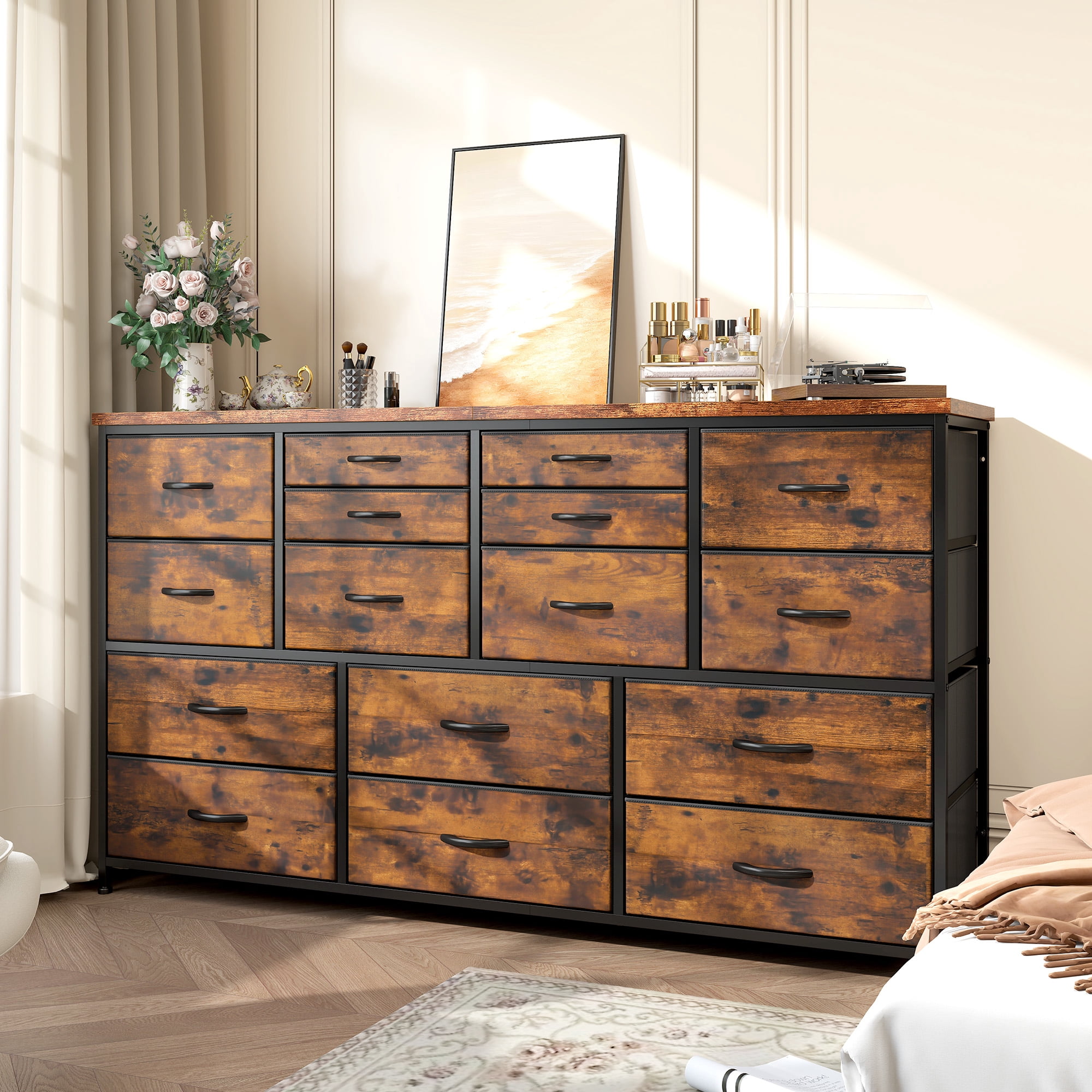 Romorgniz Dresser for Bedroom with 16 Drawers for Closet Fabric Dressers & Chests of Drawers TV Stand with Charging Station, Rustic Brown