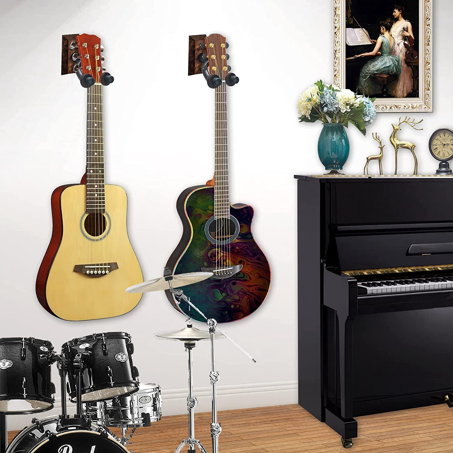 3 Pack Guitar Wall Mounts - Wooden Guitar Hangers with Hooks for Acoustic, Electric, Bass, Ukulele, Banjo, Mandolin
