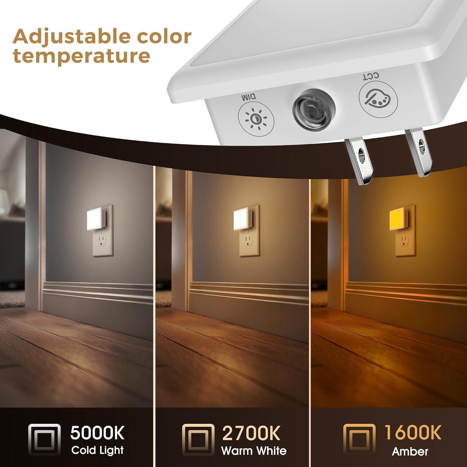 3CCT Night Lights Plug into Wall 2-Pack, 0.3W Plug in Night Light, Dusk to Dawn, Bright Nightlight Auto-On/Off, for Adults Kids Room Bedroom Bathroom Hallway Kitchen