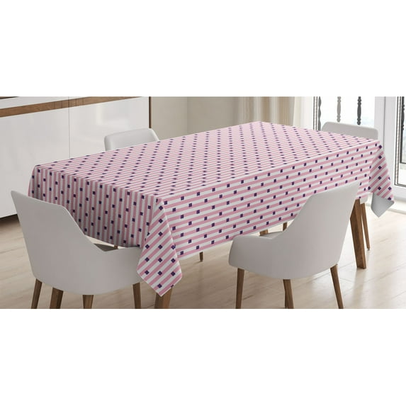 Modern Tablecloth, Symmetric Girly Vertical Stripes and Glam Squares Minimalist Art, Rectangle Satin Table Cover Accent for Dining Room and Kitchen, 52" X 70", Pale Pink Quartz and White, by Ambesonne