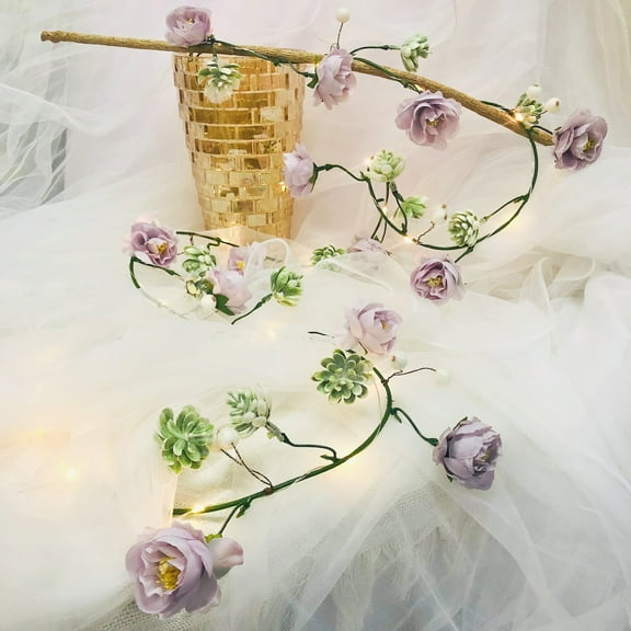 Purple Rose Succulent Vines with Lights, Artificial Roses Garland with 6.56 Feet 20 Warm White LEDs String Lights Fairytale Lights with Flower Vine for Wall Shelf Wedding