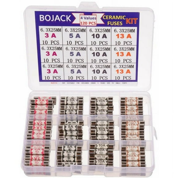 4 Values 120pcs 3 5 10 13 A Amp 240 V Volt Household Mains Plug Fuse 6.3x25mm 0.25x1Inch BS1362 Ceramic Tube Cartridge Fuses Assortment Kit
