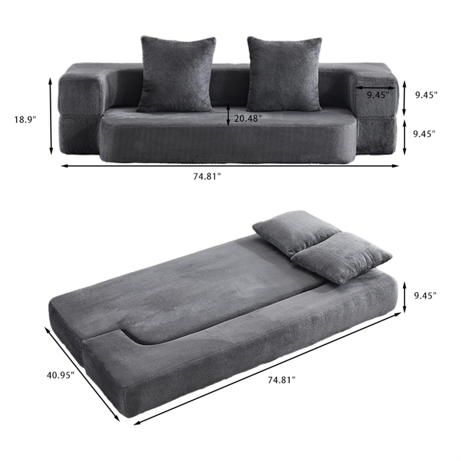 Demi Bonn Versatile 3-in-1 Sectional Sofa with Ottomans, Cozy Foam Fold-Out Bed, Space-Saving Chenille Lounger for Small Apartments & Home Offices, Gray