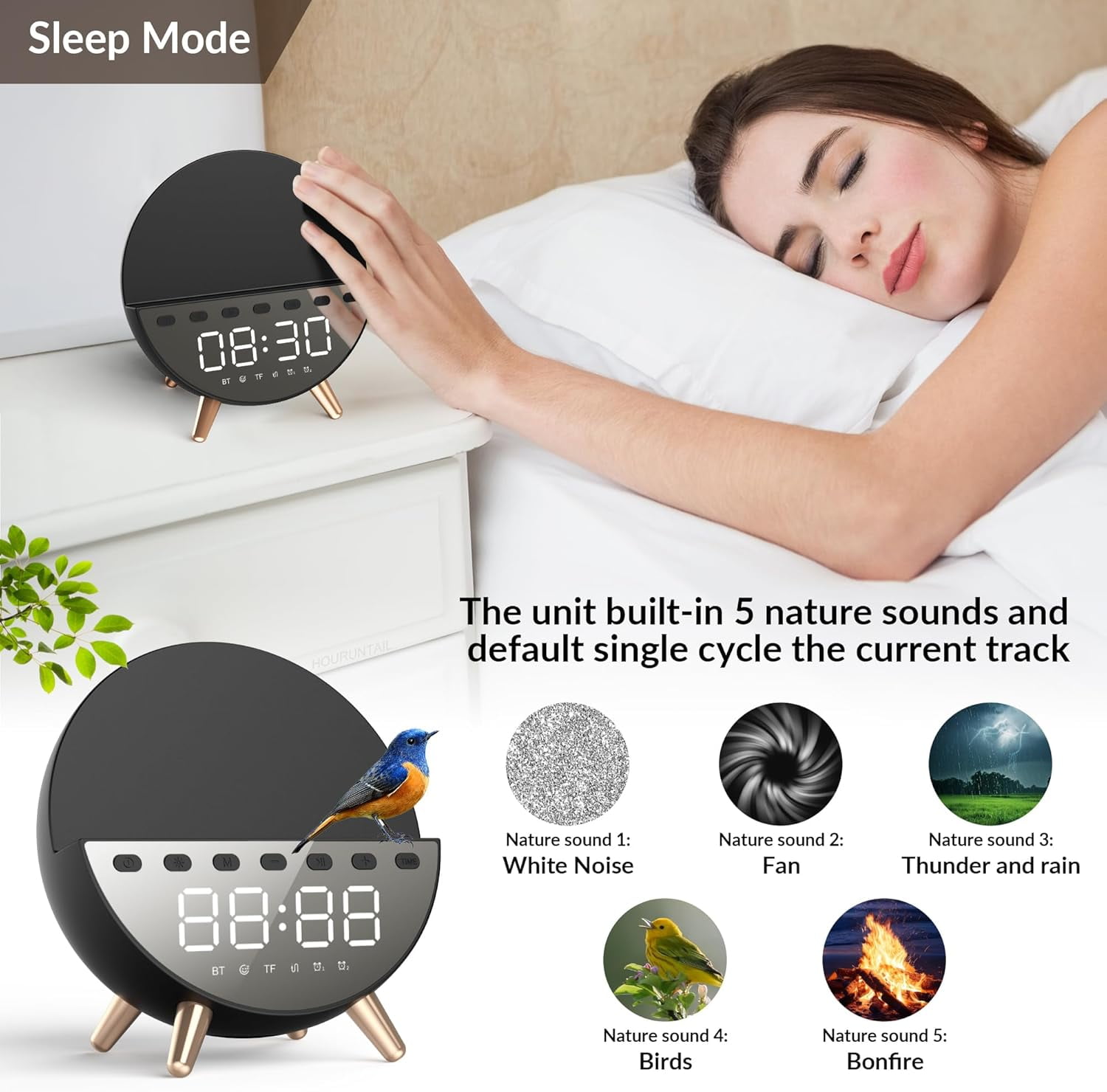 Digital Alarm Clock with 15W Wireless Charging with Warm White Light,5 Soothing Sound/White Noise,Dual Alarm Clock for Bedrooms Heavy Sleepers (Black)
