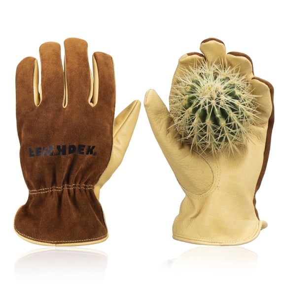 FEISHDEK Puncture-Resistant Leather Work Gloves – Heavy Duty Cowhide for Gardening, Construction & Ranch Safety (Brown, Large)