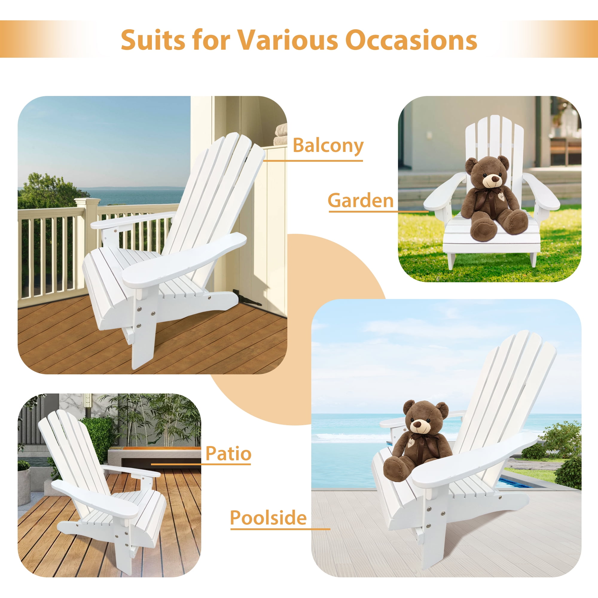 JONPONY Children Outsunny Wooden Adirondack Chair, Ergonomic Design Patio Lawn Chair for Outside Deck Garden Backyard Balcony,White