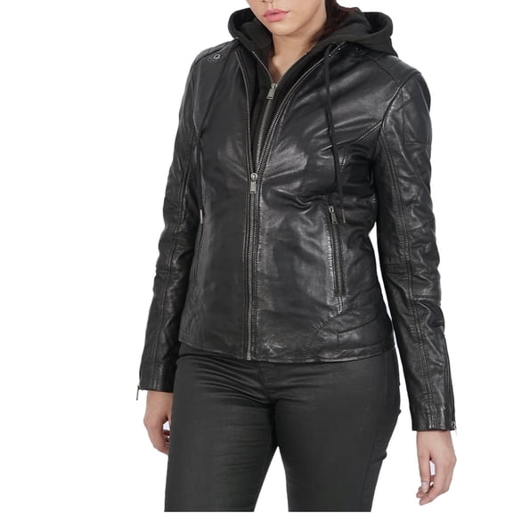 Boston Harbour Becky Leather Jacket For Women - Winter Hooded Black Womens Leather Jacket