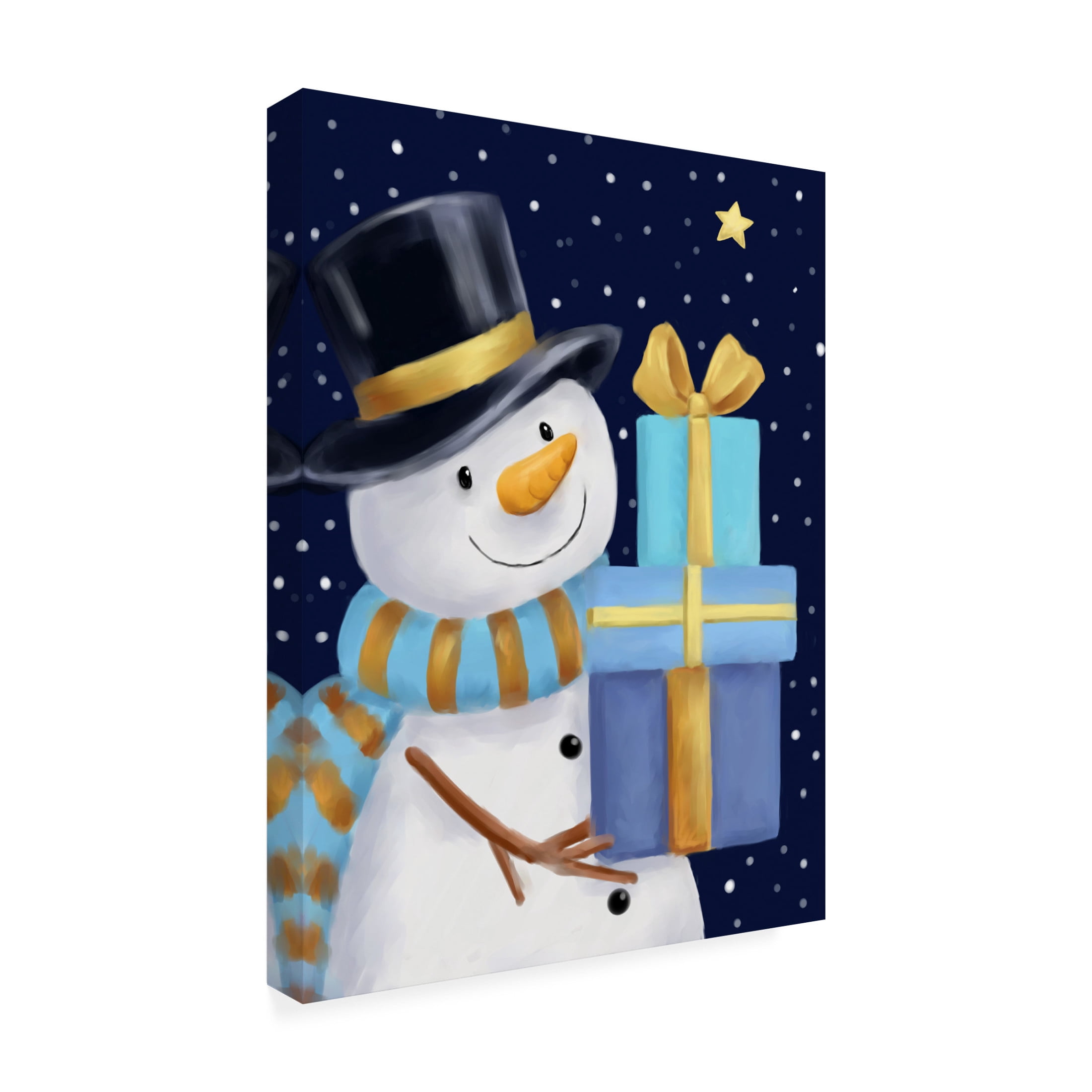 Canvas Wall Art - MAKIKO 'Snowman With Blue Presents' Wall Art for Living Room, Bedroom, or Office Décor by Trademark Fine Art - 35 x 47 Inches