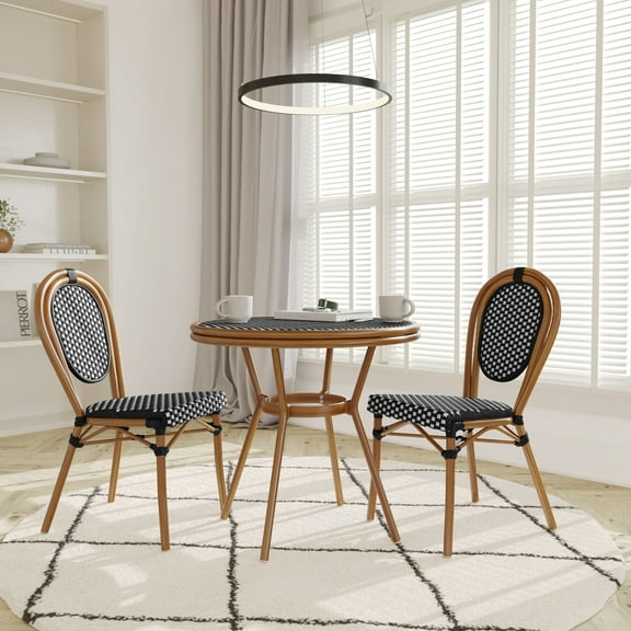 Emma   Oliver Indoor/Outdoor Bistro Style 31.5 in. Table with Black & White PE Rattan, Glass Top, and Two Chairs - Natural Frame