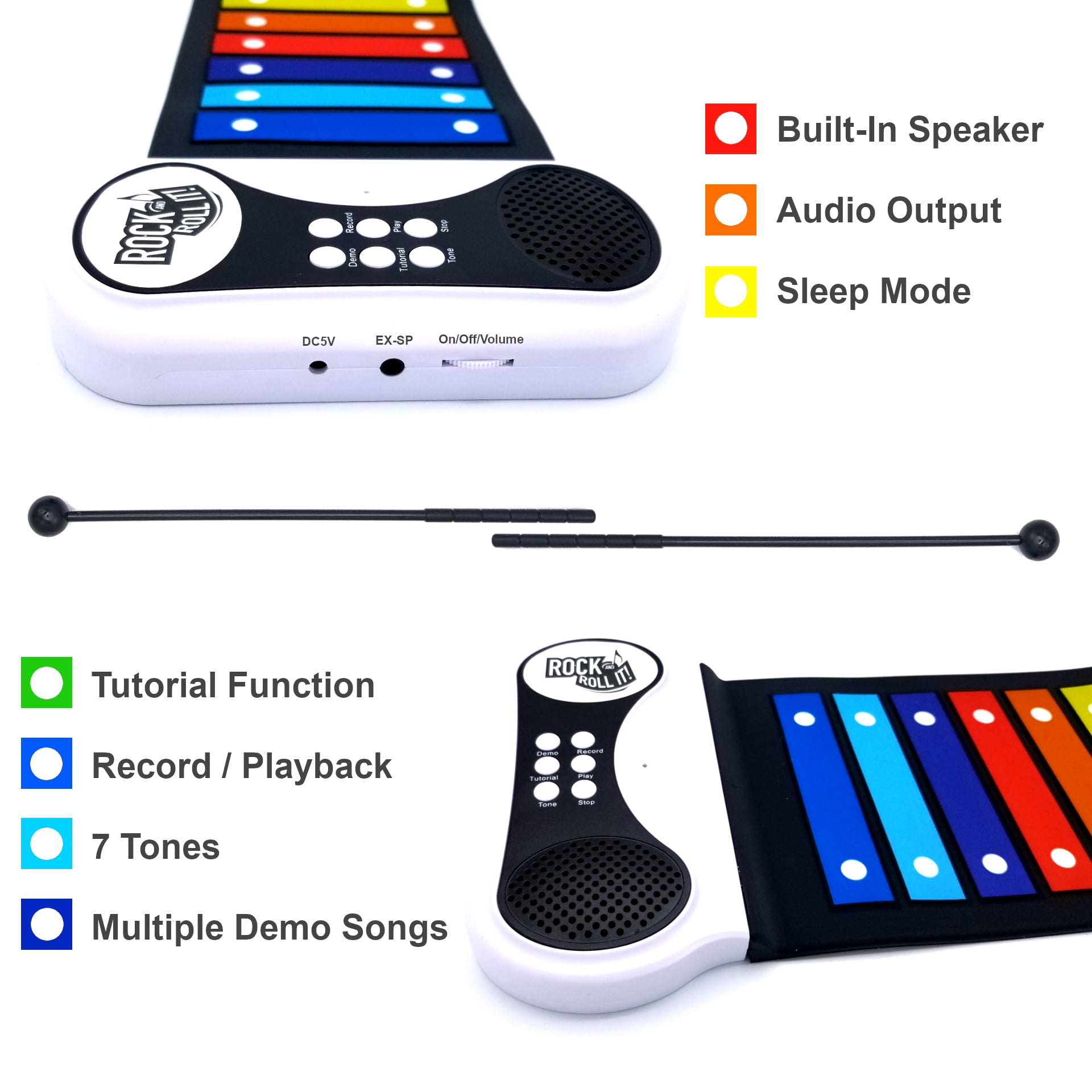 MUKIKIM Rock & Roll It – Rainbow Xylophone. Portable & Flexible Standard Size Electronic Pad with 22 Color Coded Bars & Song Booklet. USB or Battery Powered, Built-in Speaker & Audio Output Support
